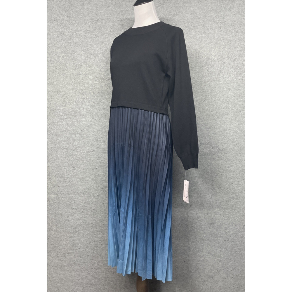 NWT Nanette Lepore XL Ombre Pleated Midi Dress Black/Blue Long Slv Classic FLAW - Picture 6 of 13